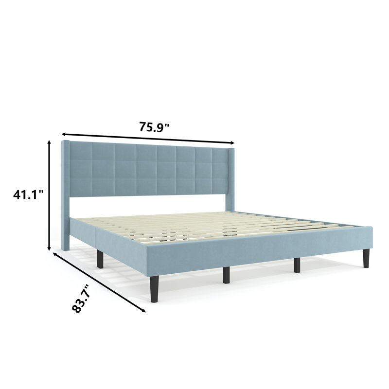 75.9'' W King Size Upholstered Platform Bed with Velvet Fabric & Square Tufted Headboard, Blue, King