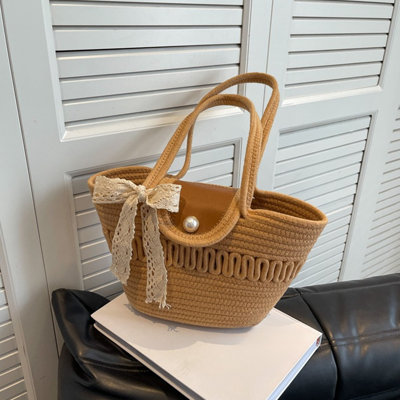 French Straw Bag Handmade Woven Bag Beach Bag Vintage Handbag Silk Scarf Decorative Three Dimensional Bag Commuting Bag Going Out Storage