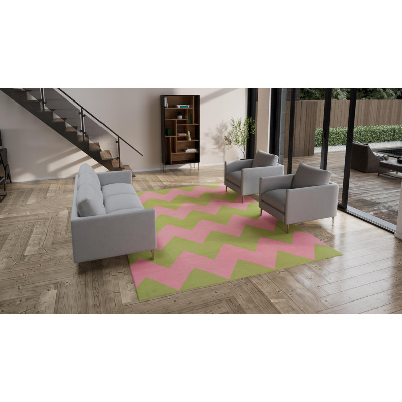 Pink & Green Chevron Dhurrie Cotton Rug - 8'10" x 11'10"