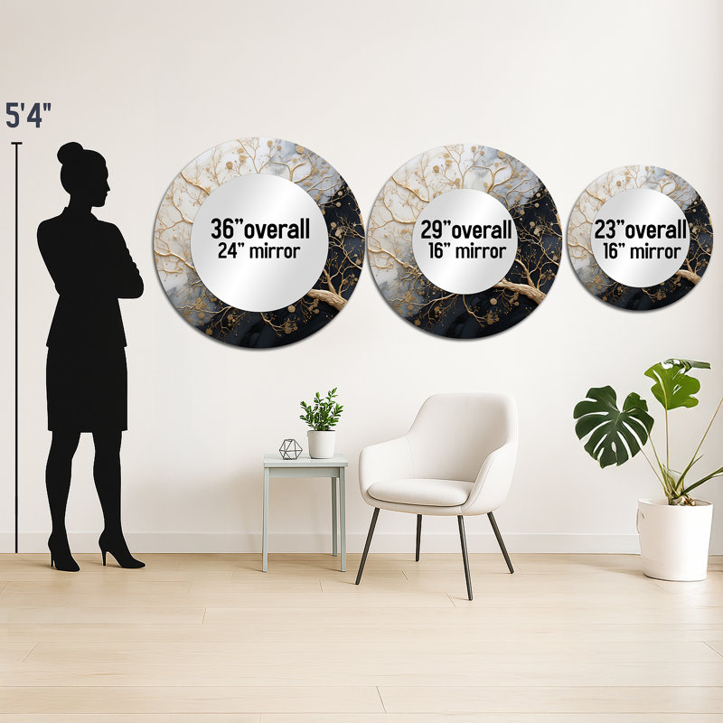 Golden Branch Tree Luminous Tangle III - Monochrome Wall Mirror, Traditional Round Decorative Mirror, Printed Metal Art