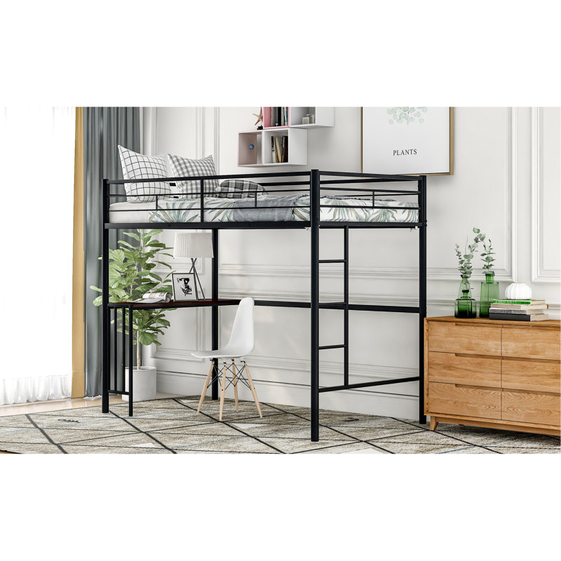 Lit mezzanine simple en métal avec bureau d'étude ergonomique et rails, Noir