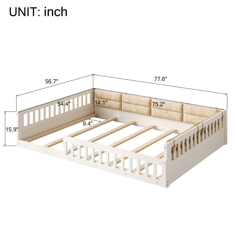 Kids Upholstered Platform Floor Bed With Safety Guardrails and Pillow, Beige