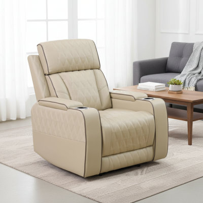 Beige Faux Leather Power Recliner Chair With Storage Armrests And Cup Holders