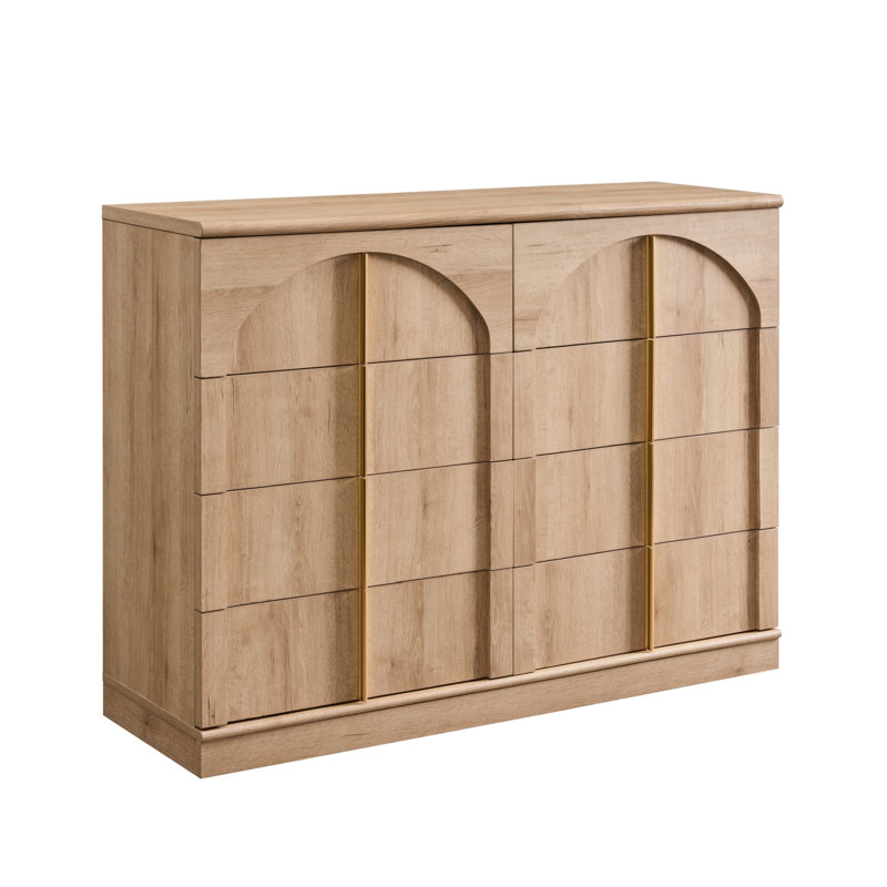 Commode moderne 8 tiroirs, commode de chambre à coucher avec panneau arqué, Tanné