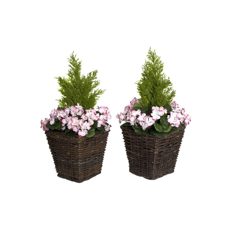 2x Artificial Rattan Patio Planters with Geraniums and Cedar Topiary, Pink