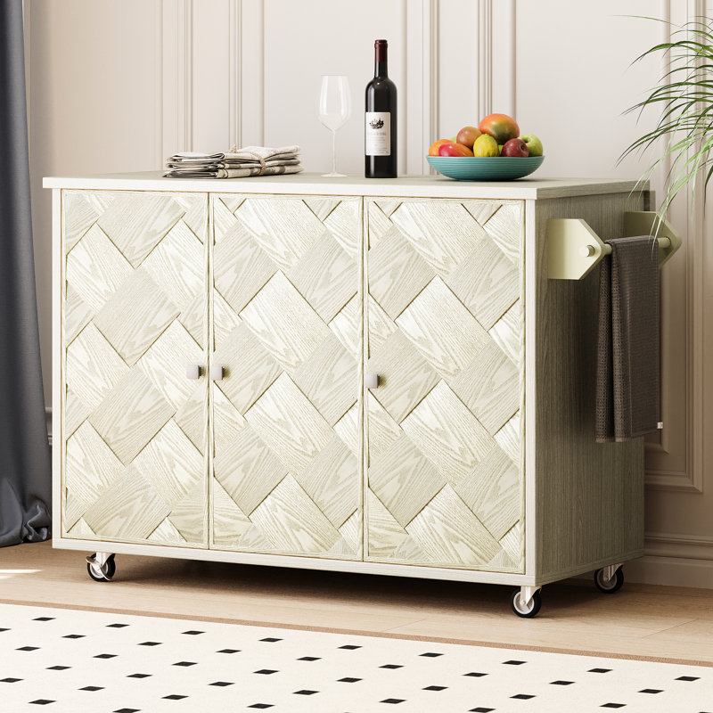 Îlot de cuisine en placage de frêne tissé à la main avec abattant et placage d'armoire spacieux, charnières en métal avec roulettes verrouillables