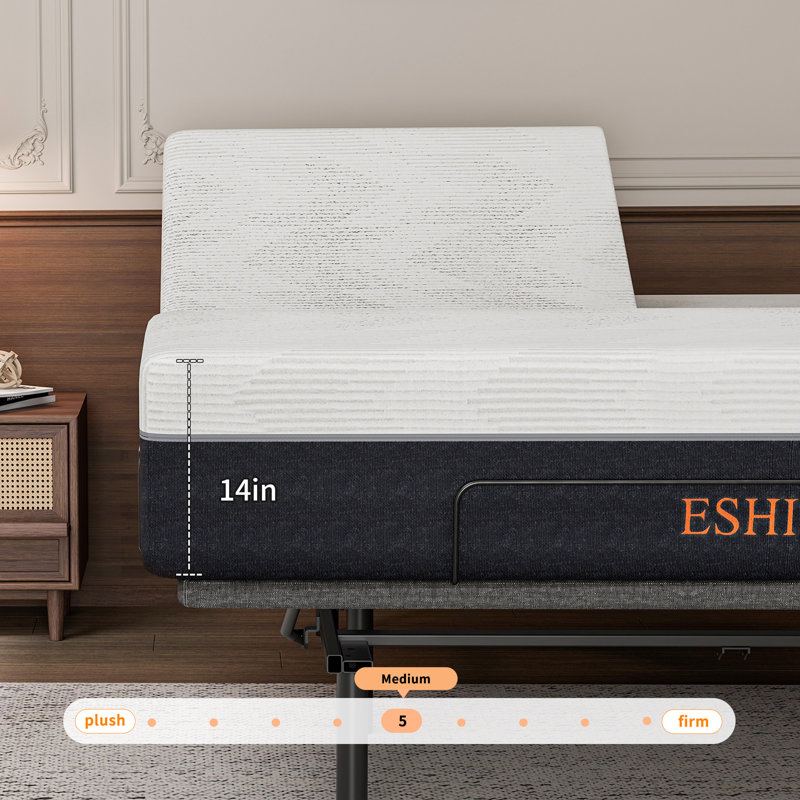 Structure de lit réglable pour très grand lit divisé avec matelas en mousse à mémoire de forme de taille moyenne de 14 po, gravité zéro, massage, télécommande sans fil et contrôle des applications, gris urbain E3100