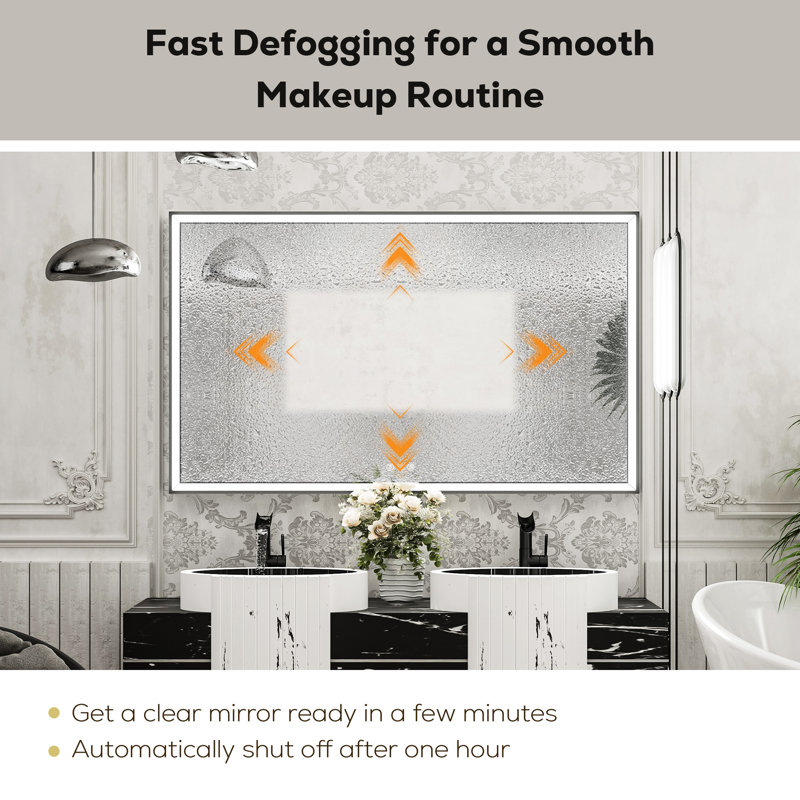 Front LED Anti-Fog Bathroom Vanity Mirror with Beveled Metal Framed, 30" x 48", Matte Black, Rectangle