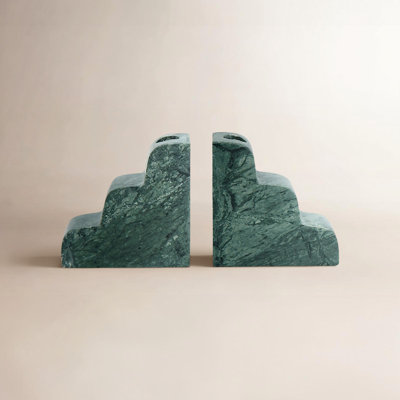 Marble Bookends with Candle Holder - Set of 2 - Teal