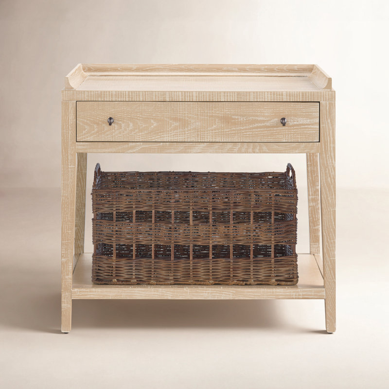 1 - Drawer Nightstand with Wicker Basket, Rustic Natural Oak