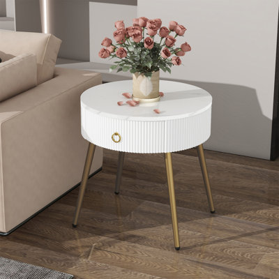 Easy Assembly End Tables With High Gloss Tabletops, Set Of 2, Modern Fluted 2 Side Tables With Drawers, Round Coffee Tables With Golden Legs