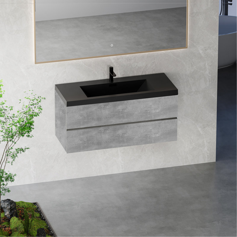Meuble-lavabo flottant 48 po avec lavabo, meuble de rangement mural avec lavabo à quartz noir et tiroirs à fermeture en douceur entièrement assemblés, gris ciment série EDI