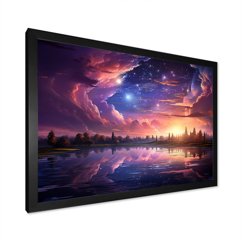 «Pink Moon Sunrise Space Landscape II», art mural abstrait, H 16 po x l 32 po x P 1 po, Cadre d'angle fermé noir