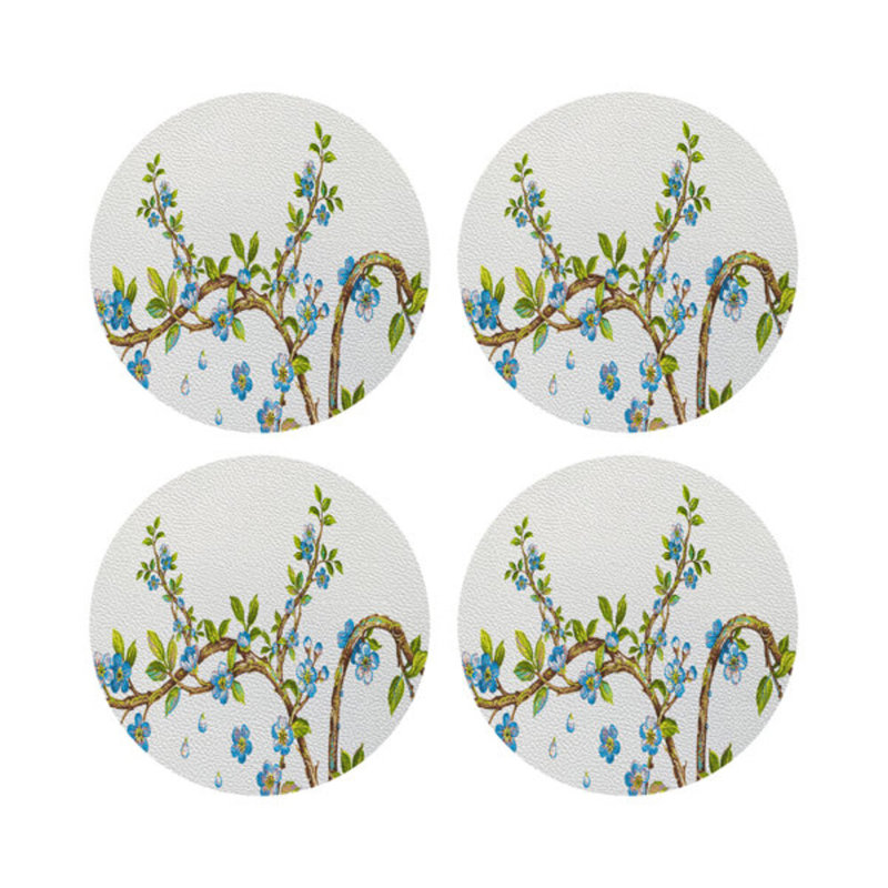 Cherry Blossom Red Vegan Leather Round Coasters, Blue