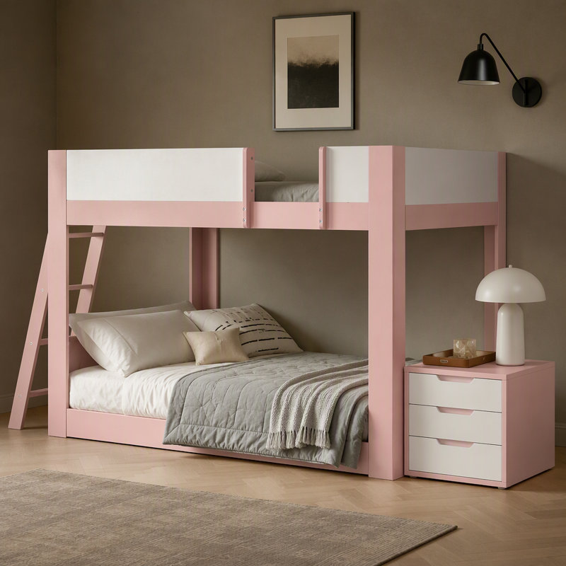 Lit double superposé double pleine grandeur, lit superposé convertible en bois avec échelle réversible et garde-corps de sécurité, rose et blanc