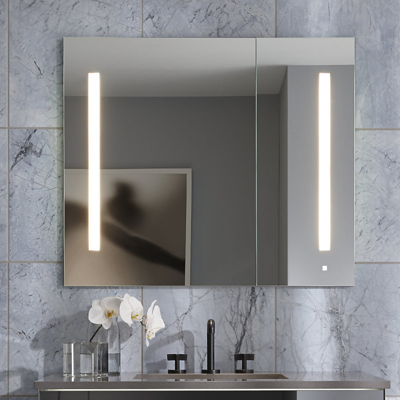 AiO Recessed Frameless Medicine Cabinet with 3 Adjustable Shelves and LED Lighting, Clear, 30" H x 23.25" W x 4" D