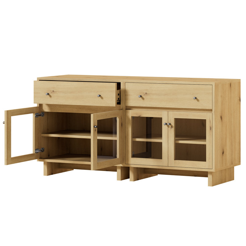 Buffet Almaguer de 80 cm de large avec tiroir, portes vitrées et tablette réglable (ensemble de 2), chêne naturel, Set of 2