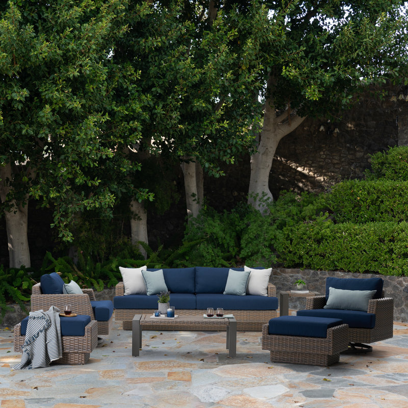 Ensemble de conversation 7 pièces avec coussins Sunbrella Jorolf, Spectre indigo Sunbrella®, Brun