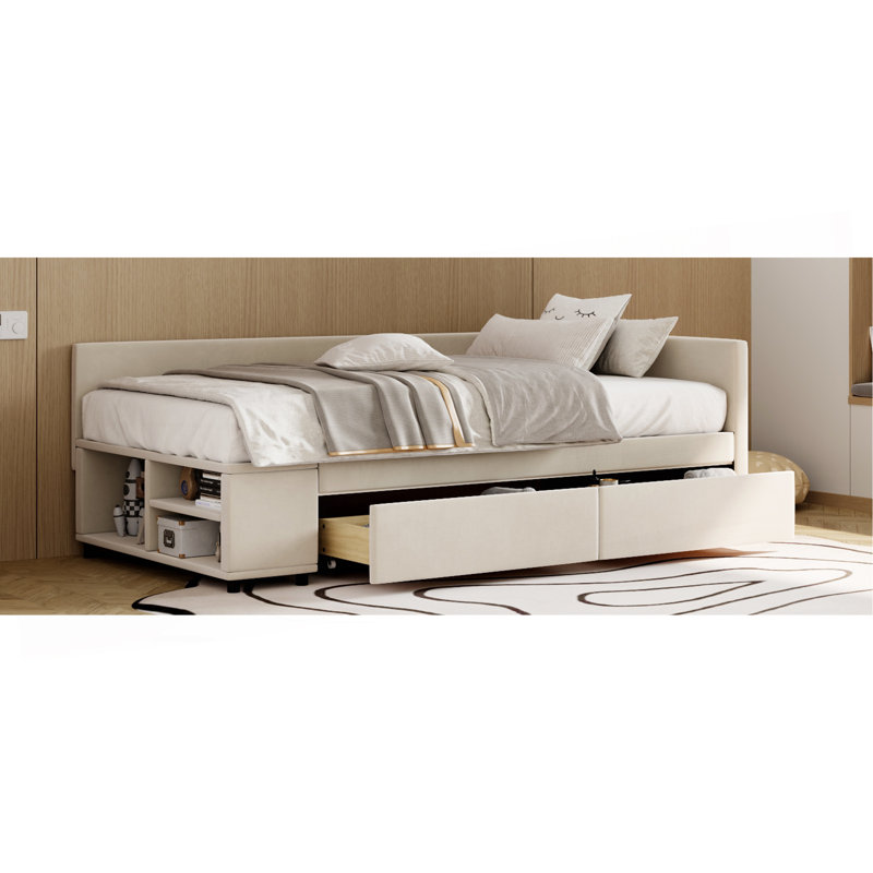 Twin Size L-Shaped Upholstered Platform Bed With Storage And Drawers, Beige