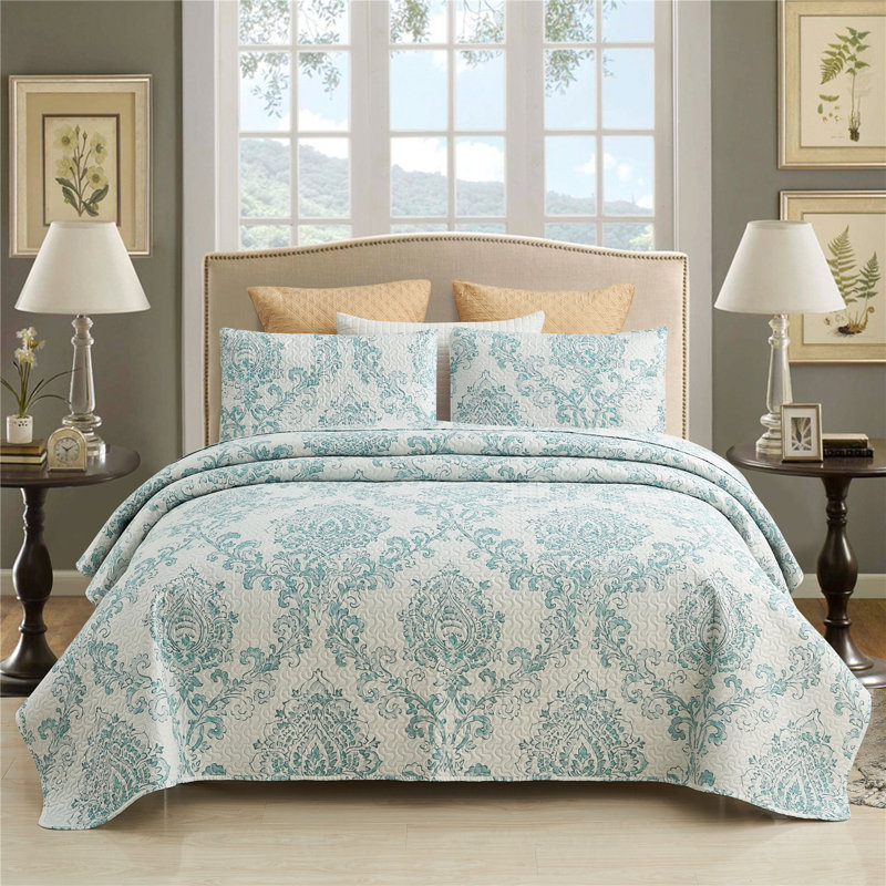  Ensemble de courtepointe délicate en microfibre blanche / verte 3 pièces, Courtepointe très grand + 2 taies décoratives