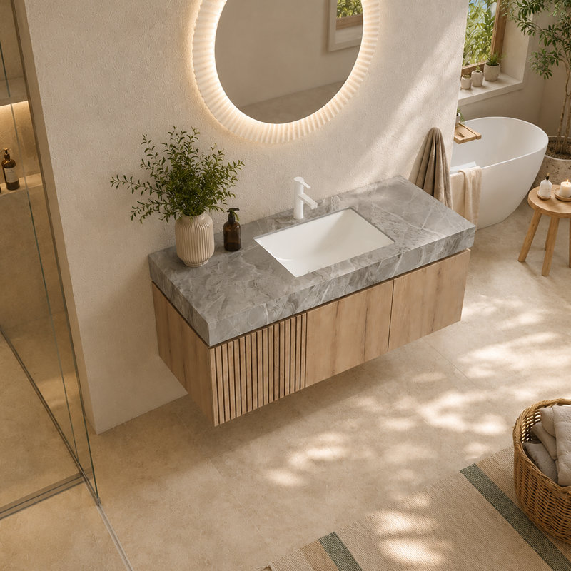 Alba 48" Wall Mounted Bathroom Vanity With Sink, White Oak Floating Cabinet With Drawer & Doors, Light Gray Sintered Stone Top,Pre-Assembled