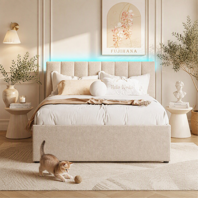 Lit plateforme tapissier double Teddy, Beige