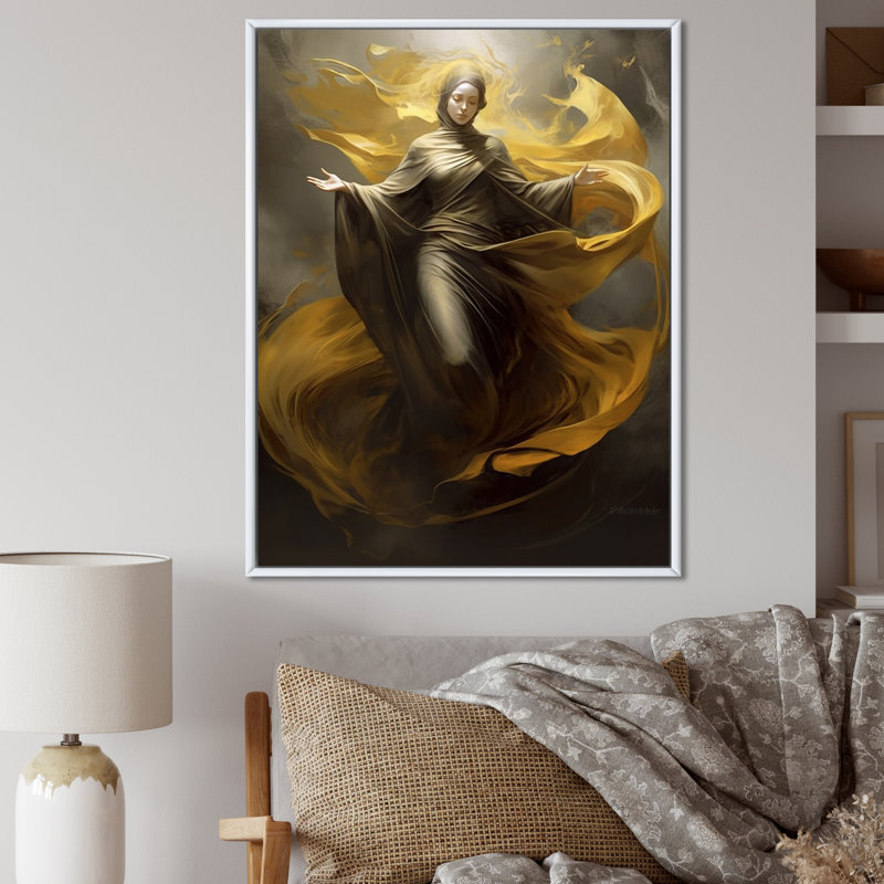 Ascendant en gris et jaune sur toile, H 20 po x l 12 po x P 1 po, Cadre flottant blanc
