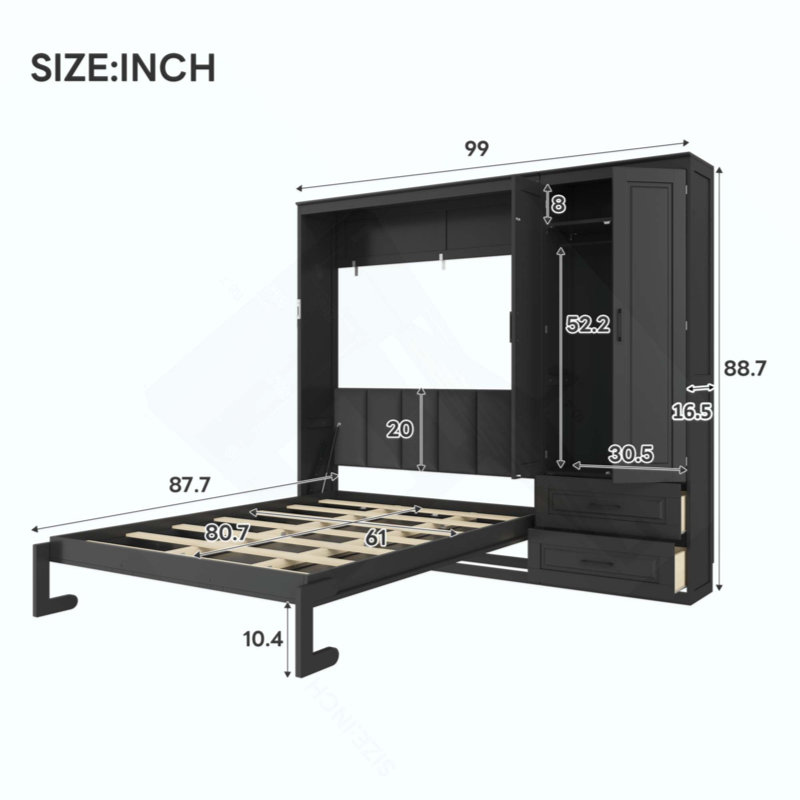 Lit escamotable avec armoire de rangement et tiroirs, tête de lit tapissier Murphy, Black