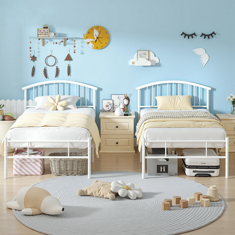 Abere White Twin Metal Bed Frame (Set of 2), Sturdy Platform with Headboard, Underbed Storage, Easy Assembly, White
