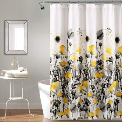 Tissu de rideau de douche jaune et gris à imprimé floral aquarelle