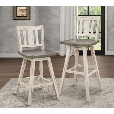 2 chaises à hauteur de comptoir, gris blanc, bois d'hévéa massif, pivotant à 360 degrés, dossier à lattes verticales, 2 chaises rustiques rustiques, gris - bois, pivotant pour espace