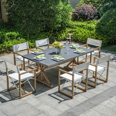 Ensemble repas d'extérieur 7 pièces avec chaises pliantes en bois et table rectangulaire en aluminium