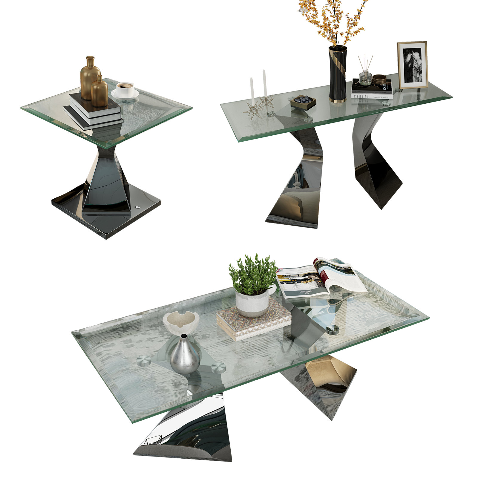 Everly Quinn 3 Piece Glass And Gold Living Room Table Set Of 3 Coffee