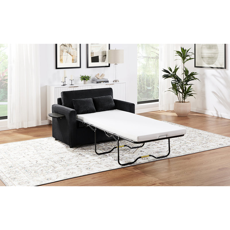 Lit simple 47,2 po avec matelas rabattable, table d'appoint pliable sur l'accoudoir gauche, rangement pour poches à droite, coussins lombaires, velours côtelé doux pour les chambres d'amis, fonction convertible noire, mini accoudoirs