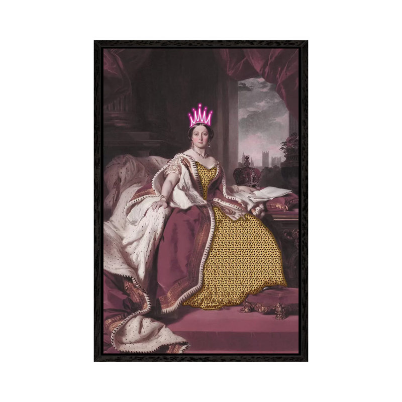 Queen Victoria With Neon Crown - Print on Canvas, Black Framed, 101.6cm H x 66.04cm W x 3.81cm D