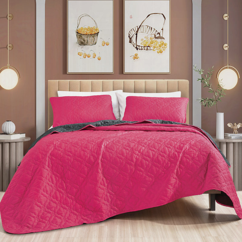 Ensemble de couvre-lit 3 pièces en microfibre matelassée réversible 3 pièces, Fuchsia