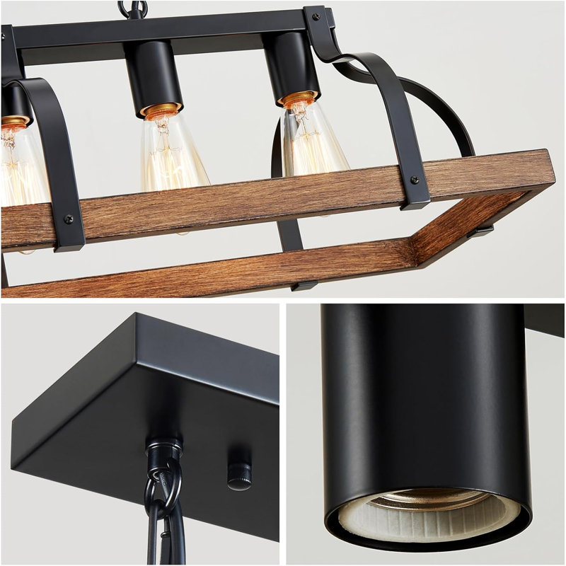 Rustic Black and Wood Grain Linear Pendant Chandelier