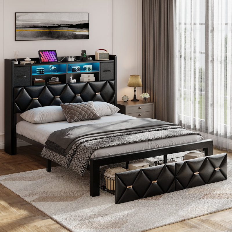 Lit plateforme tapissier en cuir Balconera avec 2 tiroirs sous le lit et rangement pour la tête de lit, Très grand