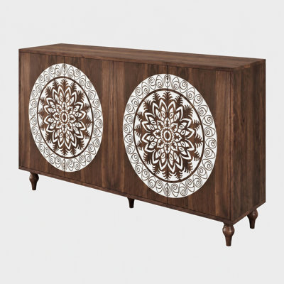 Buffet vintage sculpté mandala, meuble de rangement bohème à 4 portes, dosseret de rangement sur pieds surélevés style milieu du siècle