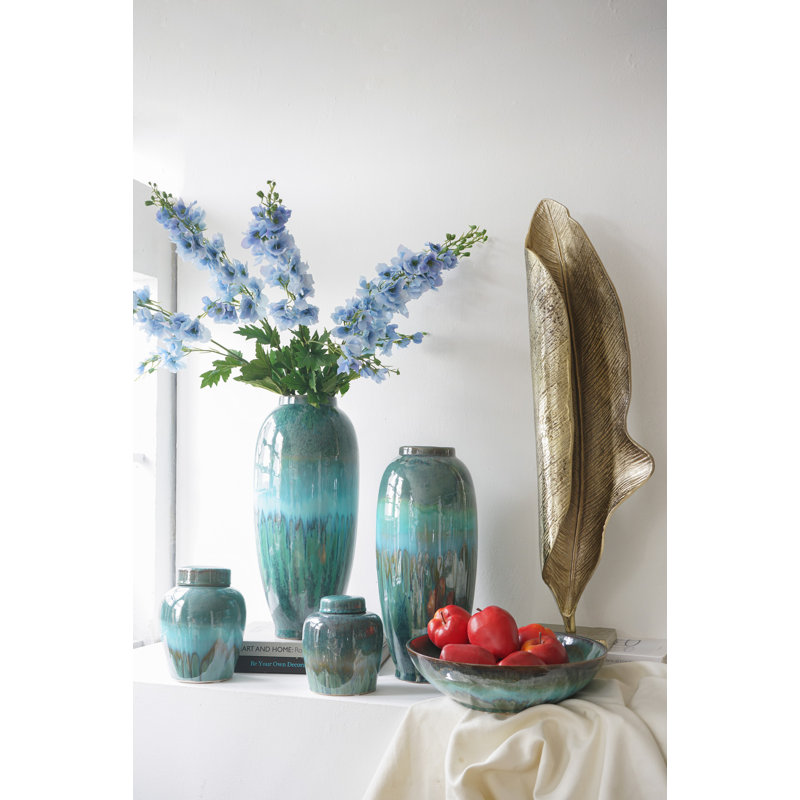 D5x6" Round Ceramic Lidded Jar With Blue Reactive Glaze And Subtle Ridges, 6" H x 5.2" W x 5.2" D