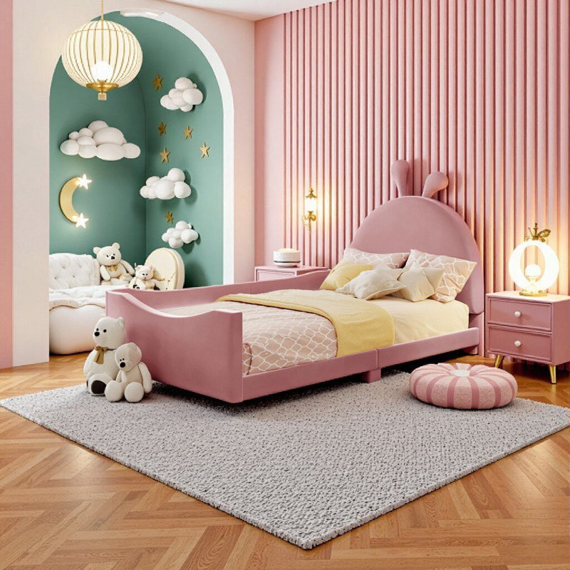 Lit de jour simple en velours rose avec tête de lit Bunny