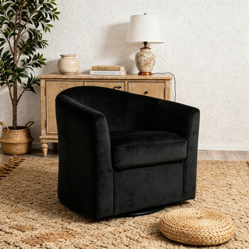  Upholstered Velvet Swivel Barrel Accent Chair with Curved Back, Black