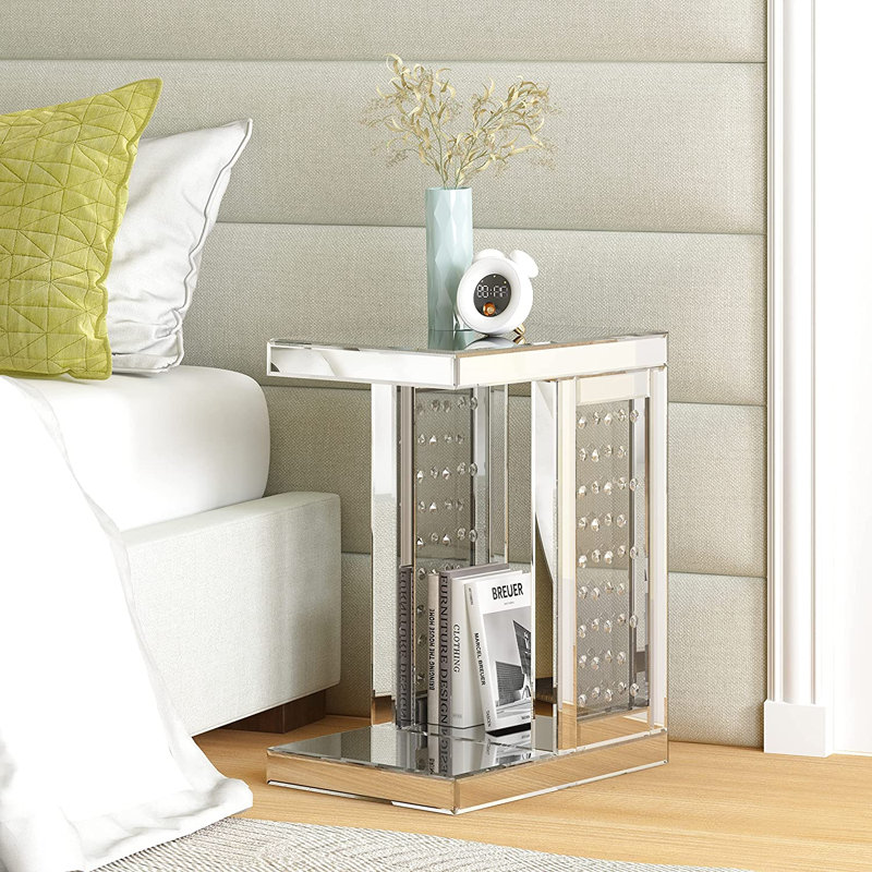 Melle Glass Side Table Mirrored C Shape Sofa Side Table with Storage