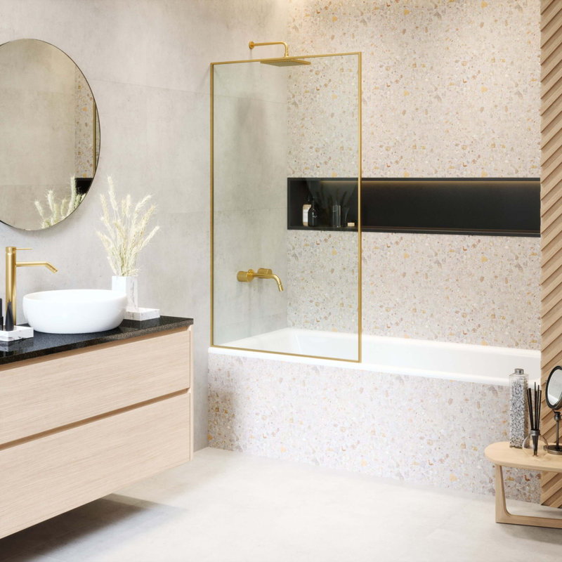 Panneau de baignoire fixe à cadre complet Fine Fixtures 34¼ po x 58 po, laiton satiné, Laiton satiné