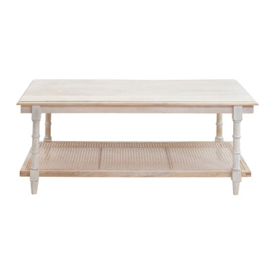 Elegant White 24x42x18 Inch Coffee Table with Open Rattan Shelf Storage