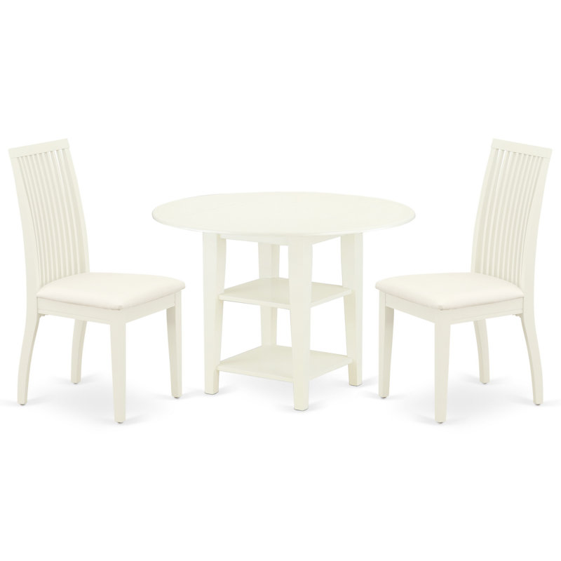 L'ensemble de 3 pièces de table de salle à manger moderne comprend une table ronde en bois avec Dropleaf et des tablettes et 2 chaises de salle à manger en lin, blanc lin