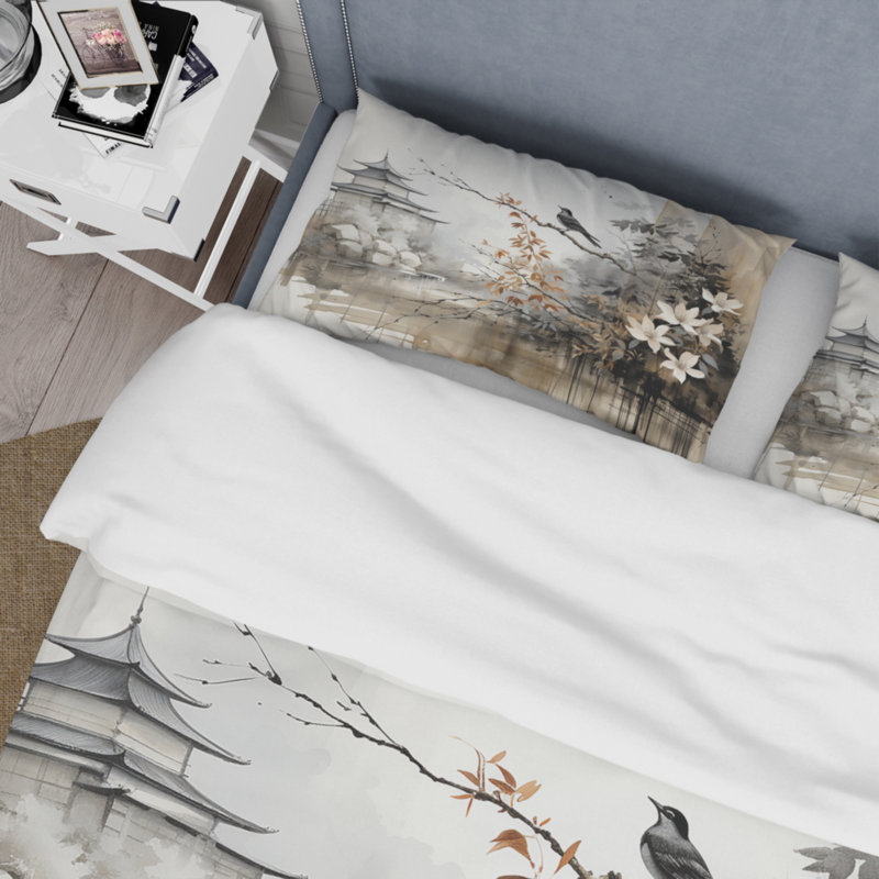 Ensemble de housse de couette en microfibre / polyester Asian Art Sumi Bird Serenity I