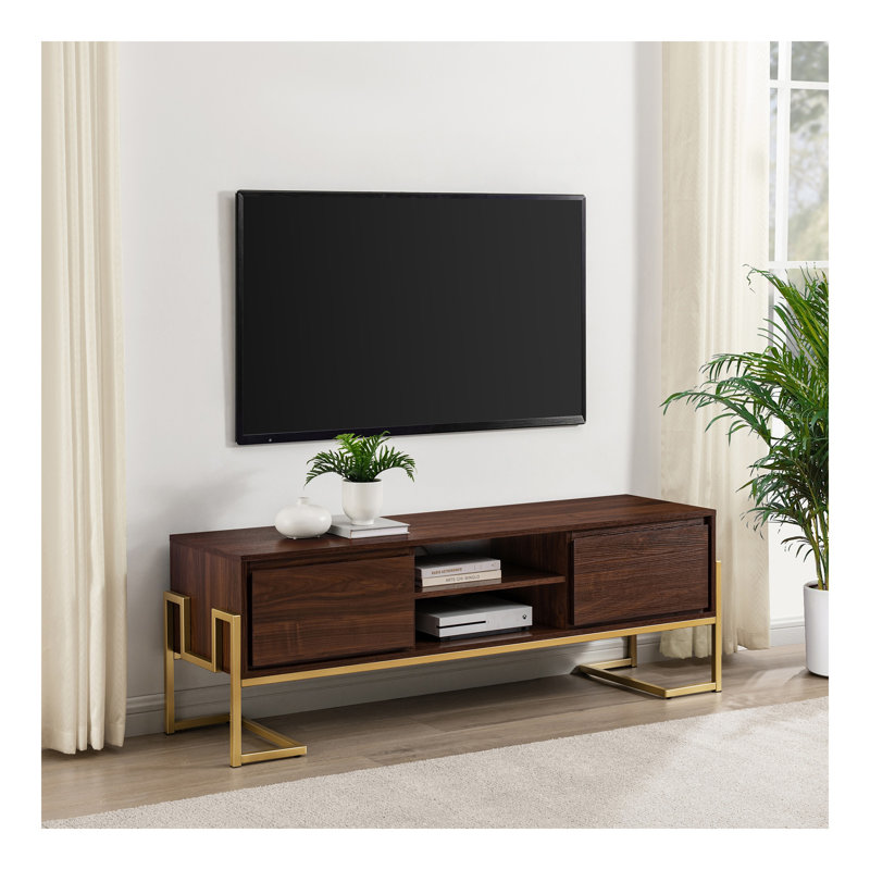 Meuble télé 2 tiroirs Modern Glam pour téléviseur jusqu'à 65 pouces - Noyer foncé