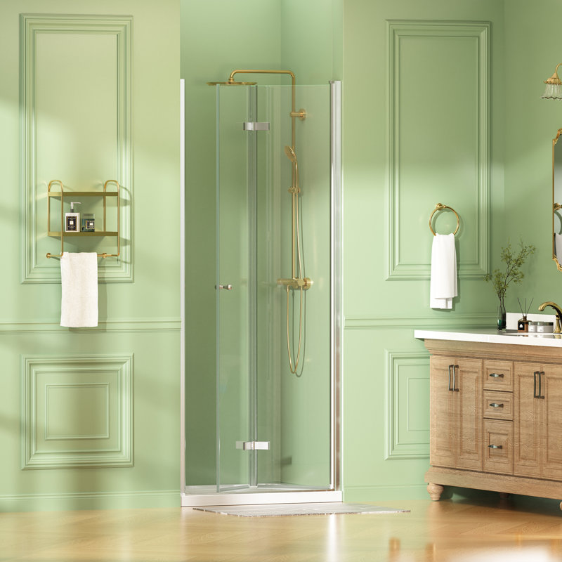 Porte de douche pliante sans cadre 35-36 X x H 72 ＂, porte de douche pliante avec verre trempé transparent 1/4＂ (6 mm) pour salle de bain
