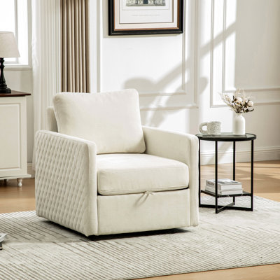 Fauteuil club carré pivotant à 360° rembourré de 75 cm de large avec rangement dissimulé, beige, confortable et coussin pour chambre, coin lecture, salon ou pièce d'angle.